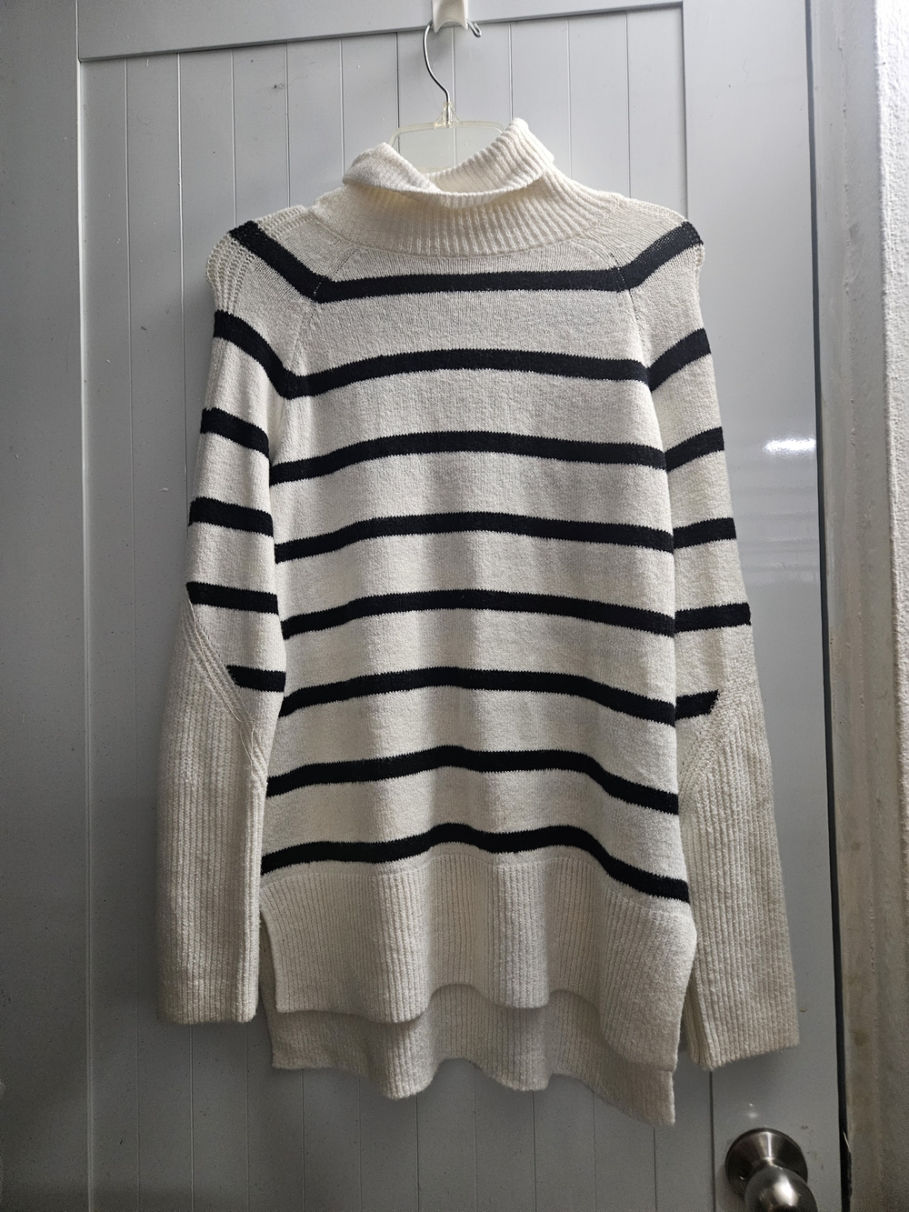 Striped Cream and Black Turtleneck Sweater
